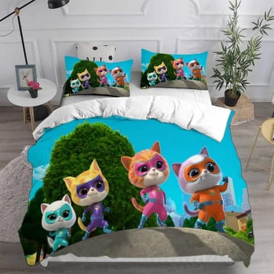 Anime Super Kitties Dekbedovertrek, Super Kitties Beddengoedsets, 3D Digitaal Geprint Dekbedovertrek Kussensloopsets Kinderen Volwassen Maat 140x210cm 2pcs