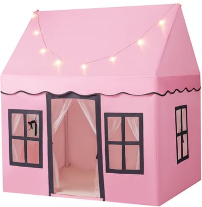COSTWAY Kinderspeelhuis met sterrenverlichting, prinsessen-/prinses-kindertent met ramen en netgordijnen, kinderspeeltent, speelhuis voor jongens en meisjes (roze)