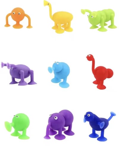 KimDo - Silicone Trompet Dieren Zuignap Speelgoed 9 stuks – Sensorisch - Vliegtuig - Onderweg - Kleurrijk - Bad Speelgoed - Bouwspeelgoed Peuters en Kleuters