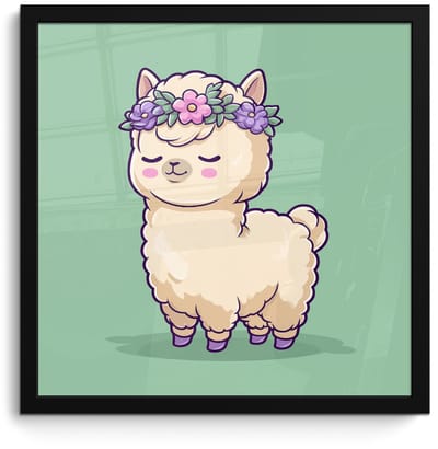 Poster in lijst - Fotolijst 40x40 cm - Posters - Alpaca - Groen - Bloemendiadeem - Posterlijst zwart - Decoratie - Wanddecoratie woonkamer - Muurdecoratie slaapkamer
