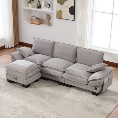 MODENUIT Hoekbank 260 x 132 cm - Modulair Met Hocker, Laadpoort En Zijvakken - Woonkamer En Kantoor - Cord Lichtgrijs
