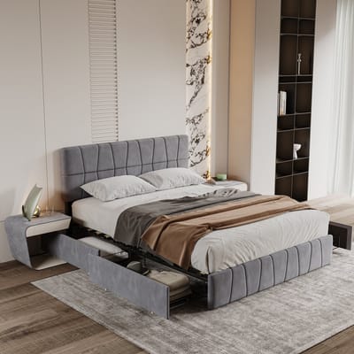 Tweepersoonsbed 160x200 cm – Gestoffeerd Opbergbed met 4 Lade van Metaal – Fluweel, Grijs