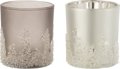 J-Line windlicht Suiker Frosted - glas - grijs/zilver - large - 2 stuks