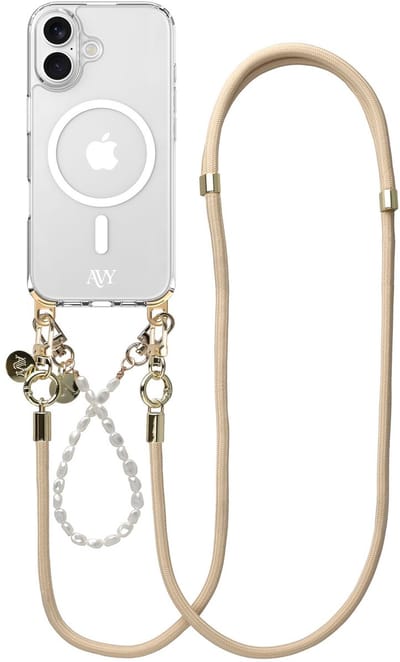 AVY Hoesje geschikt voor Apple iPhone 17 | Compatibel met MagSafe | Clear Case met Telefoonkoord Set | Polsband & Crossbody Pearl & Rope Beige