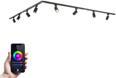 HOFTRONIC railverlichting pakket L-vorm – 4x 1 meter rail – 8 RGBWW GU10 railspots – dimbaar via app – aluminium zwart – IP20 – modulair – 230V – slimme verlichting woonkamer keuken