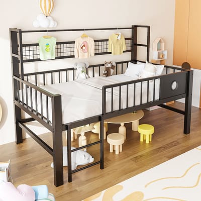 Kinderbed 90x200 cm - halfhoogslaper met metalen frame en opbergruimte - voor kinderen en tieners - zwart - zonder matras