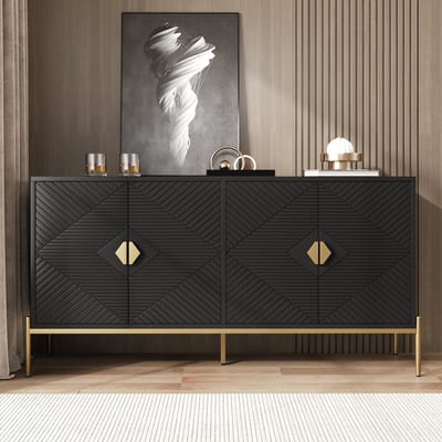PHOEBE CAT Dressoir - Vierdeurs halmeubel - Gouden handgrepen - Metalen poten - 162 x 40 x 80 cm - Zwart