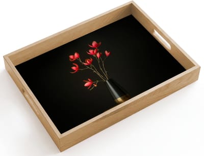Dienblad hout 40x30 cm - Schootdienblad - Rode - Bloemen - Vaas - Borrelplank rechthoek - Plateau dienbladen