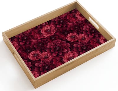 Dienblad hout 40x30 cm - Schootdienblad - Dahlias - Bloemen - Rood - Borrelplank rechthoek - Plateau dienbladen