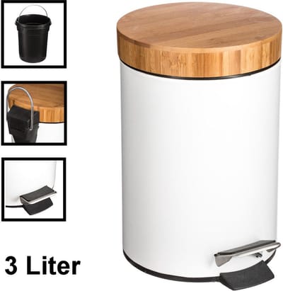 Pedaalemmer 3 liter - Met Bamboe Houten Deksel - Pedaalemmer 3L - Prullenbak - Keuken toilet - 17Øx25.5 Cm - Mat Wit