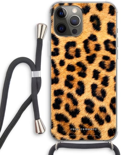 Case Company® - Hoesje met koord geschikt voor iPhone 12 Pro hoesje met Koord - Luipaard - Telefoonhoesje met Zwart Koord - Bescherming aan alle Kanten en Over de Schermrand