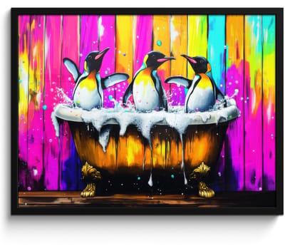 Poster in lijst - Fotolijst 80x60 cm - Posters - Pinguïns - Badkuip - Kleurrijk - Schuim - Posterlijst zwart - Decoratie - Wanddecoratie woonkamer - Muurdecoratie slaapkamer