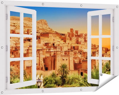 Gards Tuinposter Doorkijk Kasbah Ait Ben Haddou Stad in Marokko - 120x80 cm - Tuindoek - Tuindecoratie - Wanddecoratie buiten - Tuinschilderij