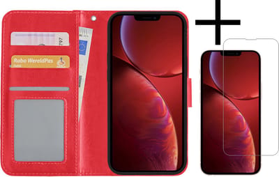 Hoesje - Met Screenprotector - Geschikt voor Apple iPhone 14 - Luxe Pasjeshouder - Bookcase Portemonee - Flip Case - Kunstleer Book Case - Flipcase - Book Cover - Walletcase - Portemonneehoes - Rood