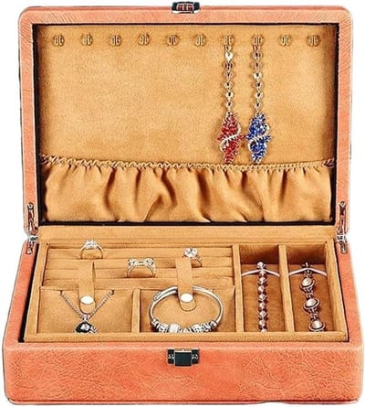 Sieraden Organizer - Juwelendoosje Opbergdoos - Sieraden Opbergen - Dubbellaags Ontwerp - 8x20x28cm - Oranje