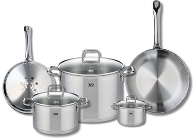 Set van 2 Koekenpannen 24 en 28 cm en 3 Kookpotten 12, 20 en 26 cm Elo Profi Citrin