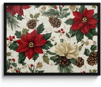 Poster in lijst - Fotolijst 80x60 cm - Posters - Feestelijk - Textielpatroon - Kerstbloemen - Kleurrijk - Posterlijst zwart - Decoratie - Wanddecoratie woonkamer - Muurdecoratie slaapkamer - Kerstversiering - Kerstdecoratie voor binnen - Kerstmis