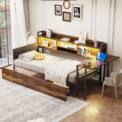 MIVRAY Slaapbankbed 90x200 Cm - Eenpersoonsbed Met Ledverlichting En Opberglades - Met Uitklapbaar Bureau - Metaal - Naturel Hout - Zonder Matras