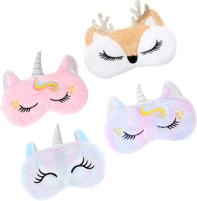 Grappige pluche slaapmaskers voor kinderen - 4 stuks, ideaal voor slaap, reizen en kindercadeaus