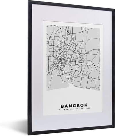 Fotolijst incl. Poster Zwart Wit- Bangkok - Stadskaart - Plattegrond - Zwart Wit - Kaart - 30x40 cm - Posterlijst