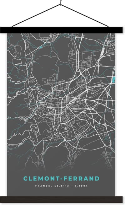 Posterhanger incl. Poster 40x60 cm - Schoolplaat - Clemont-Ferrand - Frankrijk - Kaart - Plattegrond - Stadskaart - Textielposter - Zwarte latten - Stadskaart