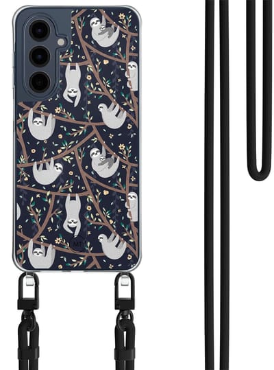 Hoesje met koord geschikt voor Samsung Galaxy A16 - Luiaard print - Inclusief Zwart koord - Crossbody beschermhoes - Transparant, Beige - Mooie Telefoonhoesjes