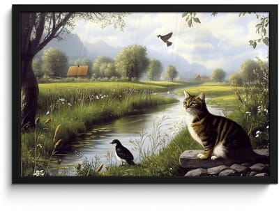 Poster in lijst - Fotolijst 60x40 cm - Posters - Kat - Beekje - Weide - Posterlijst zwart - Decoratie - Wanddecoratie woonkamer - Muurdecoratie slaapkamer