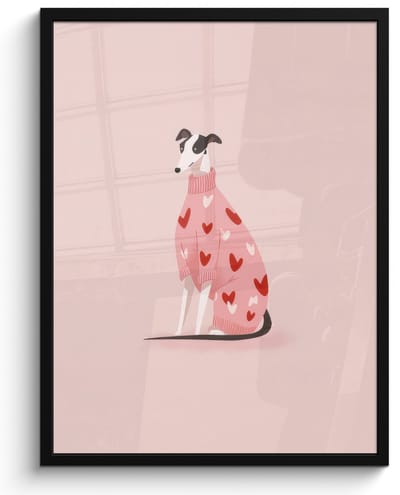 Poster in lijst - Fotolijst 50x70 cm - Posters - Hond - Hartjes - Roze - Posterlijst zwart - Decoratie - Wanddecoratie woonkamer - Muurdecoratie slaapkamer