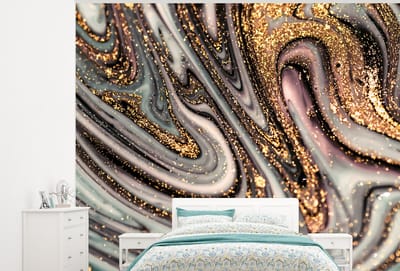 Behang - Fotobehang Marmerlook - Goud - Glitter - Luxe - Marmer - Wit - Breedte 300 cm x hoogte 240 cm