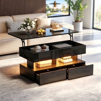 Verstelbare salontafel 100x50x46 cm - met verstelbaar tafelblad en opbergruimte - dressoir met LED-verlichting - met 2 lades - zwart