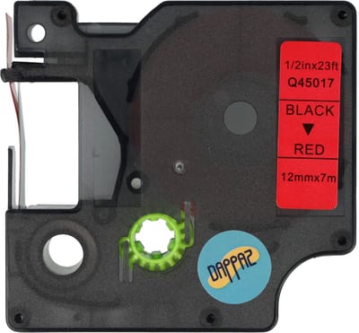Dappaz - Dymo compatible Label D1 45017 - Zwart op Rood -Geschikt voor Dymo LabelManager - 12 mm x 7 m - S0720570 Label Tape - 1 stuks
