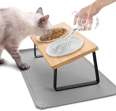 KZQ Verhoogde Kattenvoerbak, Ergonomische Keramische Kom op Bamboe Standaard, Verhoogde Kattenbak voor Water en Voer, Geschikt voor Katten en Puppy's, Geel