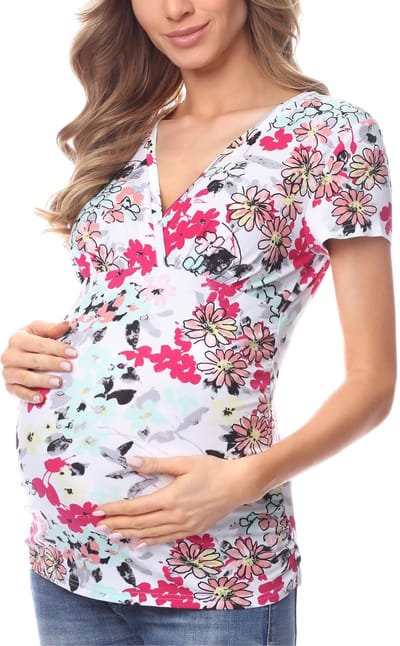 Bellivalini Dames Positie - Shirt Met Borstvoedingsfunctie – Wit/blauwe bloemen – XS - BLV-BLV50-123-BL