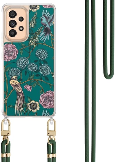 Hoesje met koord geschikt voor Samsung Galaxy A52 5G - Vogels Japanse bloemen - Inclusief Groen koord - Crossbody beschermhoes - Transparant, Groen - Mooie Telefoonhoesjes
