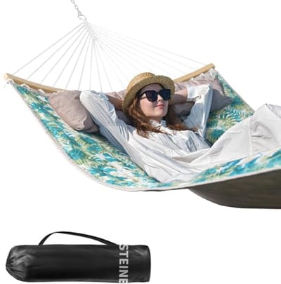 Dubbele hangmat voor 2 personen, gewatteerde stof, 335 cm, buitengebruik, met kussen, opvouwbaar, met spreidstang, inclusief draagtas, maximaal 204 kg