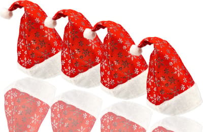Kerstmuts set van 4 met sneeuwvlokken - Unisex santa muts Rood/Wit Pluche - Omtrek 62 cm - Kerstmutsen voor Dames en Heren