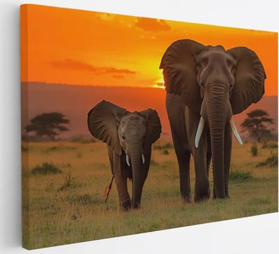 Saammp Canvas Schilderij - Olifant met Jong in zonsondergang - Afrika - Dieren - 30x20 - Foto op canvas - Wanddecoratie - muurdecoratie Woonkamer - Slaapkamer decoratie - Canvas Print