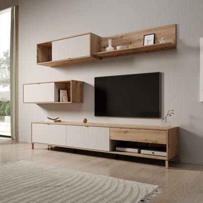 Meubella - Nayel - Wandmeubel - Eikenpatroon/Beige - 234x40x178 cm