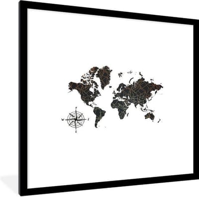 Fotolijst incl. Poster - Wereldkaart - Zwart - Kompas - 40x40 cm - Posterlijst