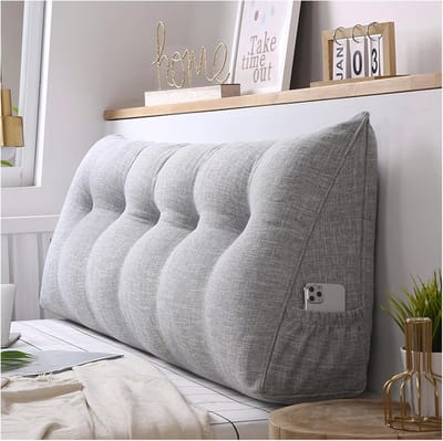 Driehoekig Hoofdeindekussen - Rugkussen Bed - Comfortabel Lezen - Met Handige Zijzak - 60x50x20cm - Grijs