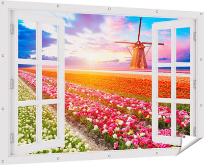 Gards Tuinposter Doorkijk Kleurrijke Bloemenveld met een Windmolen - 180x120 cm - Tuindoek - Tuindecoratie - Wanddecoratie buiten - Tuinschilderij