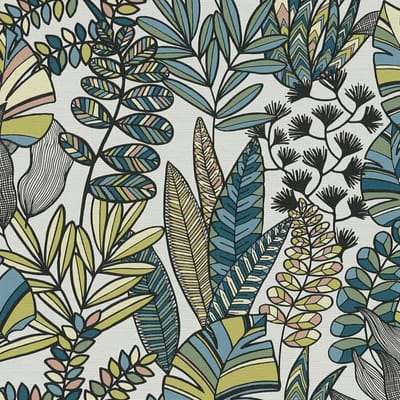 Retro behang Profhome 390951-GU vliesbehang hardvinyl warmdruk in reliëf licht gestructureerd met bloemmotief mat wit zwart blauw olijfgroen 5,33 m2