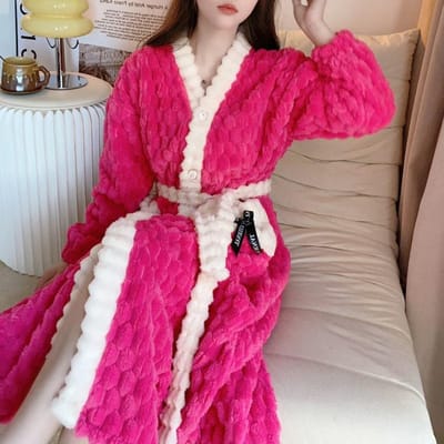 Hotroze Kimono Verdikken Koraalfleece Nachthemd Dames Losse Nachtkleding Lange Badjassen met Zak Dames Herfst Winter Nieuwe Badjas M pink