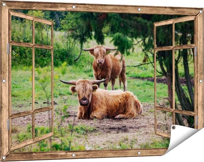 Gards Tuinposter Doorkijk Twee Schotse Hooglanders in de Bossen - 120x80 cm - Tuindoek - Tuindecoratie - Wanddecoratie buiten - Tuinschilderij