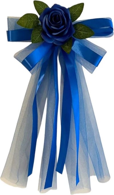 autodeco.nl SIA BLAUW Handvatten Decoratie 4 stuks - Trouwauto Versiering - Blauwe Rozen met Linten en Tule - Bloemen voor op de Handvatten - Versiering Handvat Auto - Autoversiering voor Volgauto's