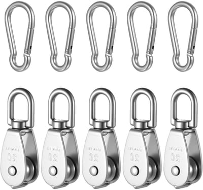 Set van 5 M20 Enkele Hefpulley, Touwpulley's, 360° Rotatable RVS Pulley met 5 M6 Veerhaken, Kabelrollen voor Hefwerk, Tot 75 kg Belastbaarheid, Ideaal voor Klussen en DIY-projecten