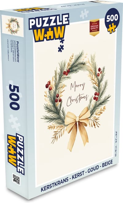 Puzzel Kerstkrans - Kerst - Goud - Beige - Legpuzzel - Puzzel 500 stukjes - Kerst - Cadeau - Kerstcadeau voor mannen, vrouwen en kinderen