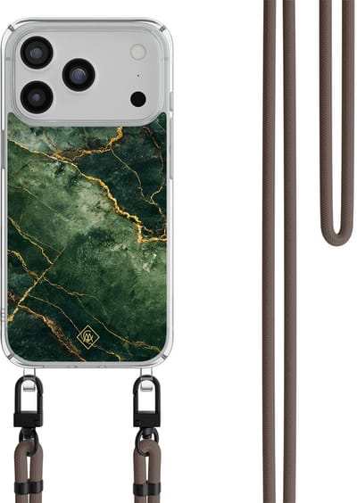 Casimoda® hoesje met bruin koord - Geschikt voor iPhone 17 Pro Max - Emerald Marble - Afneembaar koord - TPU/polycarbonaat - Groen