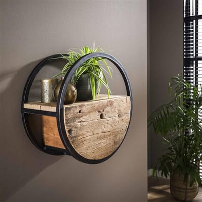 PS-Collection Circular Wandschap met Lade - Ø50x25cm - Bruin - Hout/Metaal - wandplank - wandrek industrieel - wandrek metaal zwart - wandrek rond - wandrekken - wandplank zwevend - wandplank hout - wandkubus - boekenplank