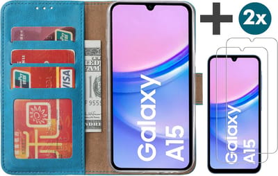 Hoesje met 2 Stuks Screenprotectors Geschikt voor Samsung Galaxy A15 – Arara bookcase met pasjeshouder - Blauw
